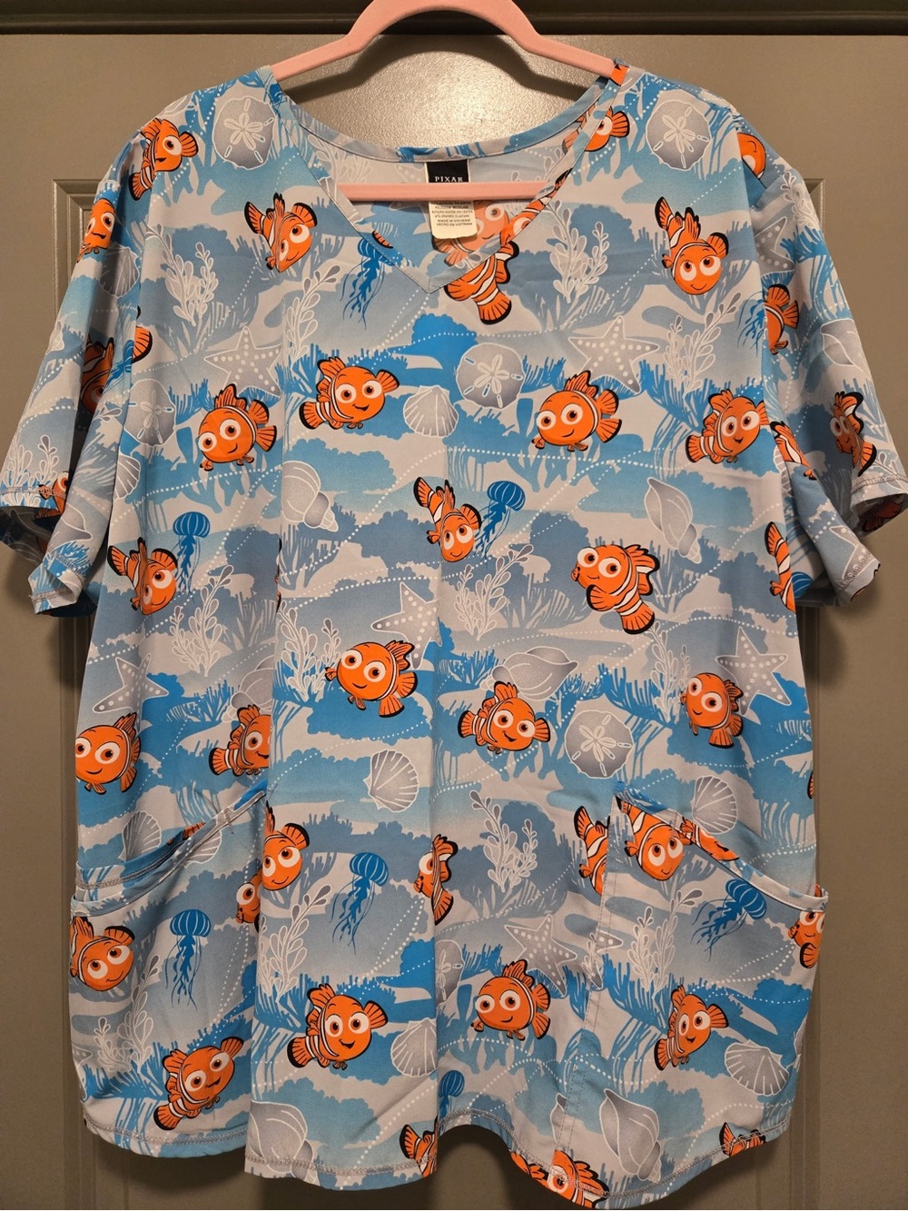 Kids-Inspired Blue Cartoon Fish Print Scrub Top - Pixa